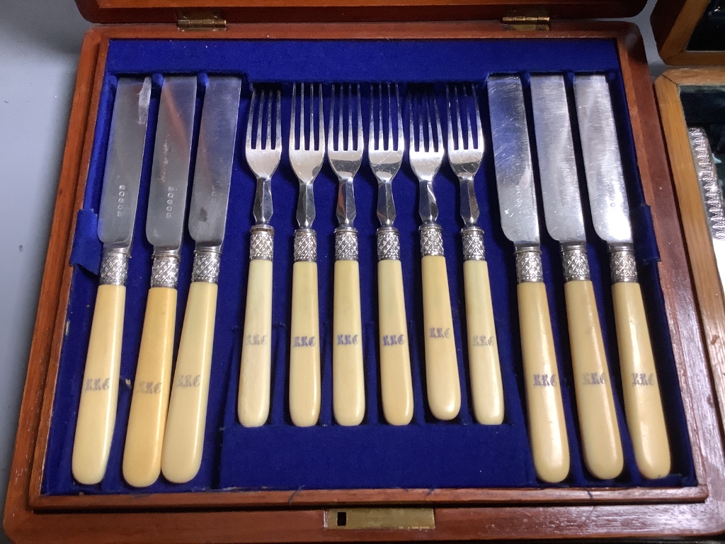 Assorted cased sets of plated flatware and cutlery including dessert knives and forks